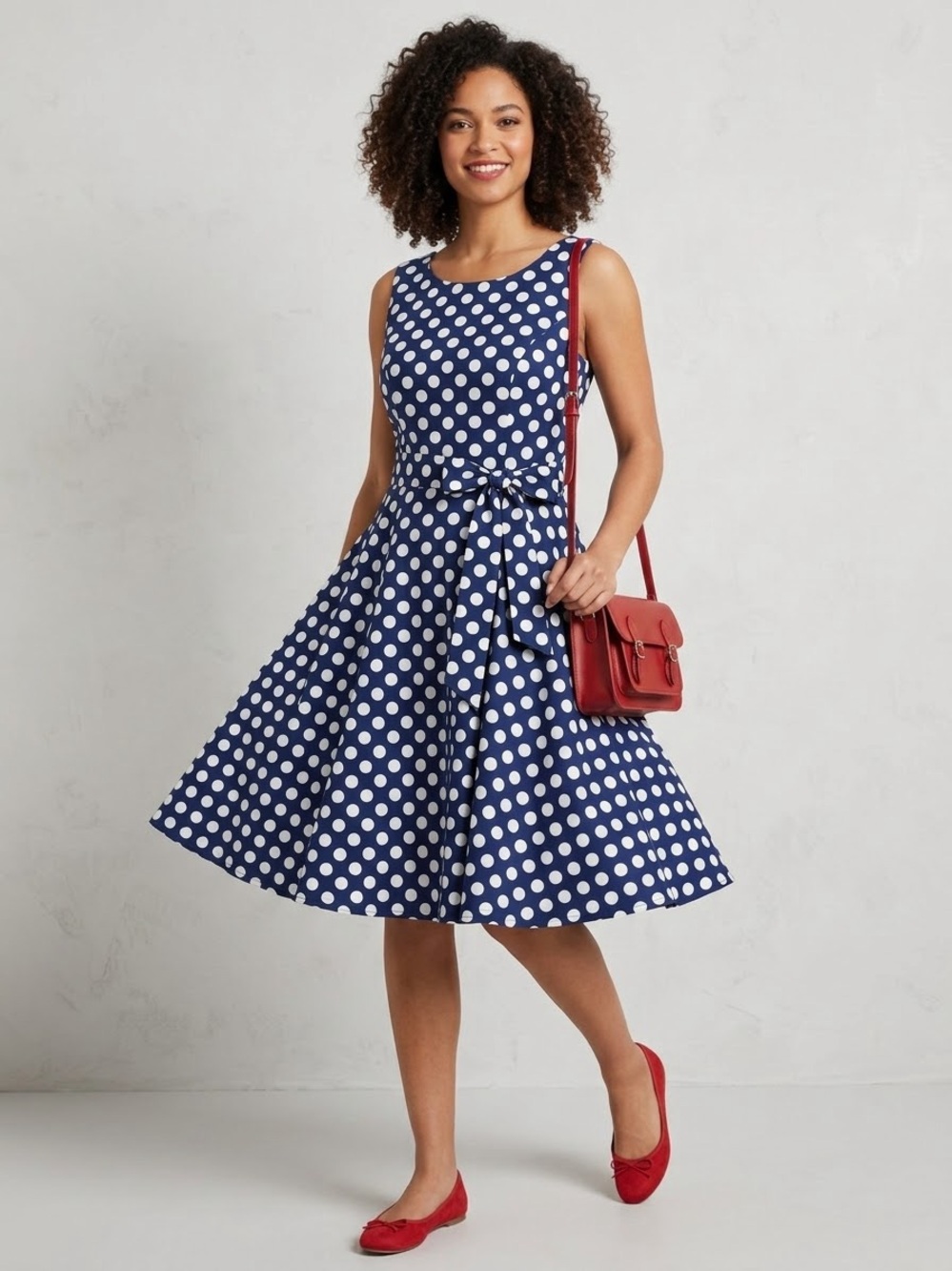 Wedtrend Navy Blue & White Polka Dot Vintage Swing Dress + Matching Belt